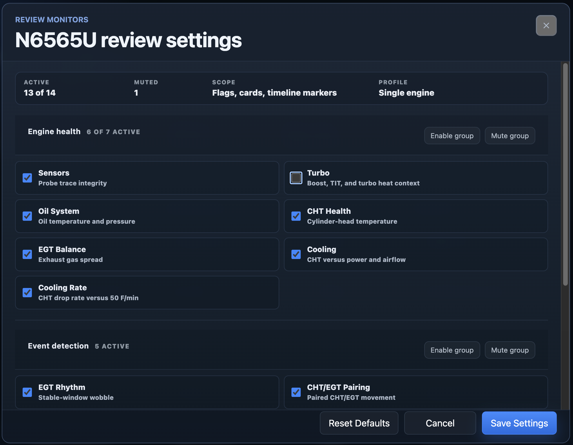 Review settings panel showing monitor families and review configuration controls